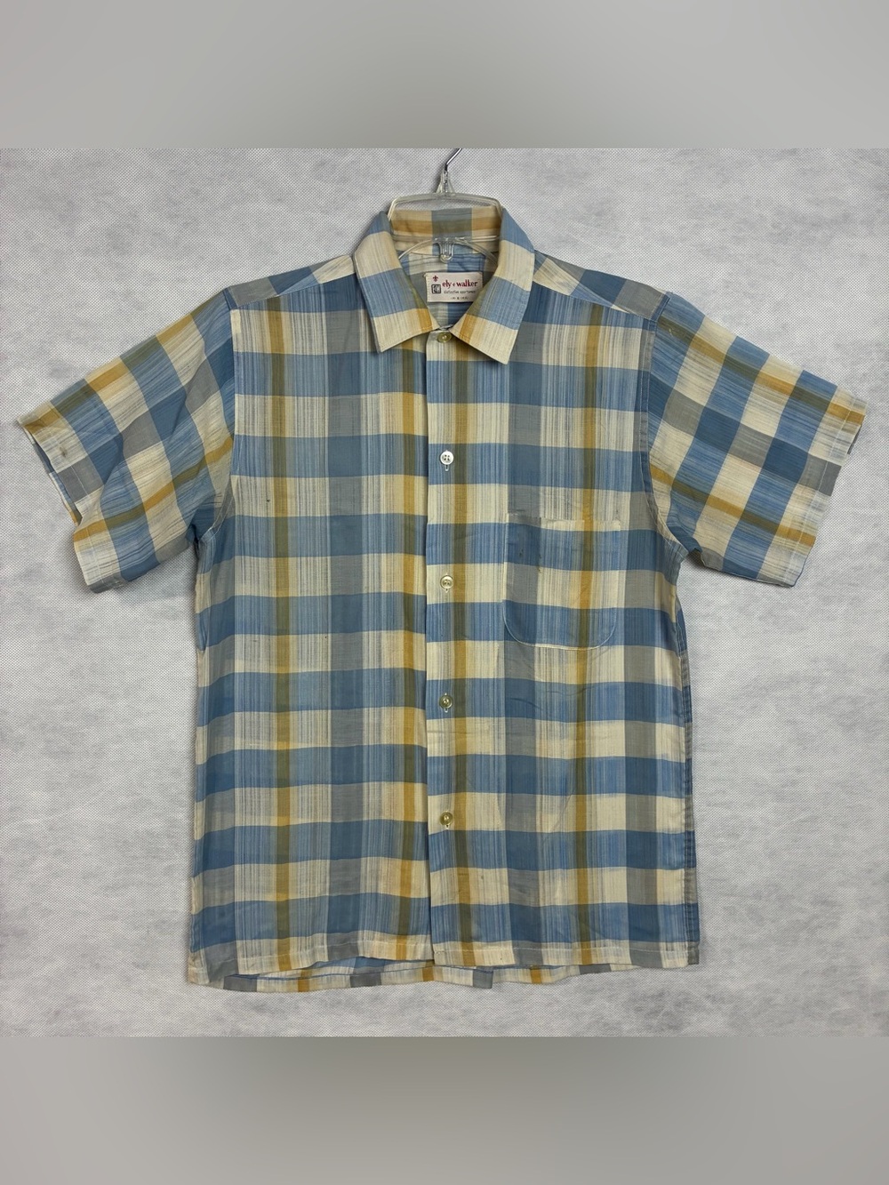 Vtg 1960s Ely & Walker Plaid Button Up Shirt Sz Small Blue Multicolor Sheer Flaw